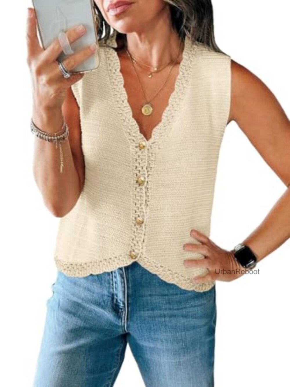 Crochet Knit Sweater Vest Women Sleeveless Button Down V Neck Crop Top Summer
